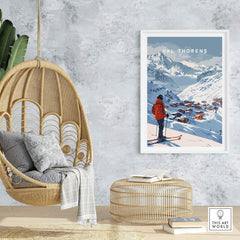 Val Thorens wall art print featuring skier with snowy mountains, perfect for ski enthusiasts and home decor inspiration.