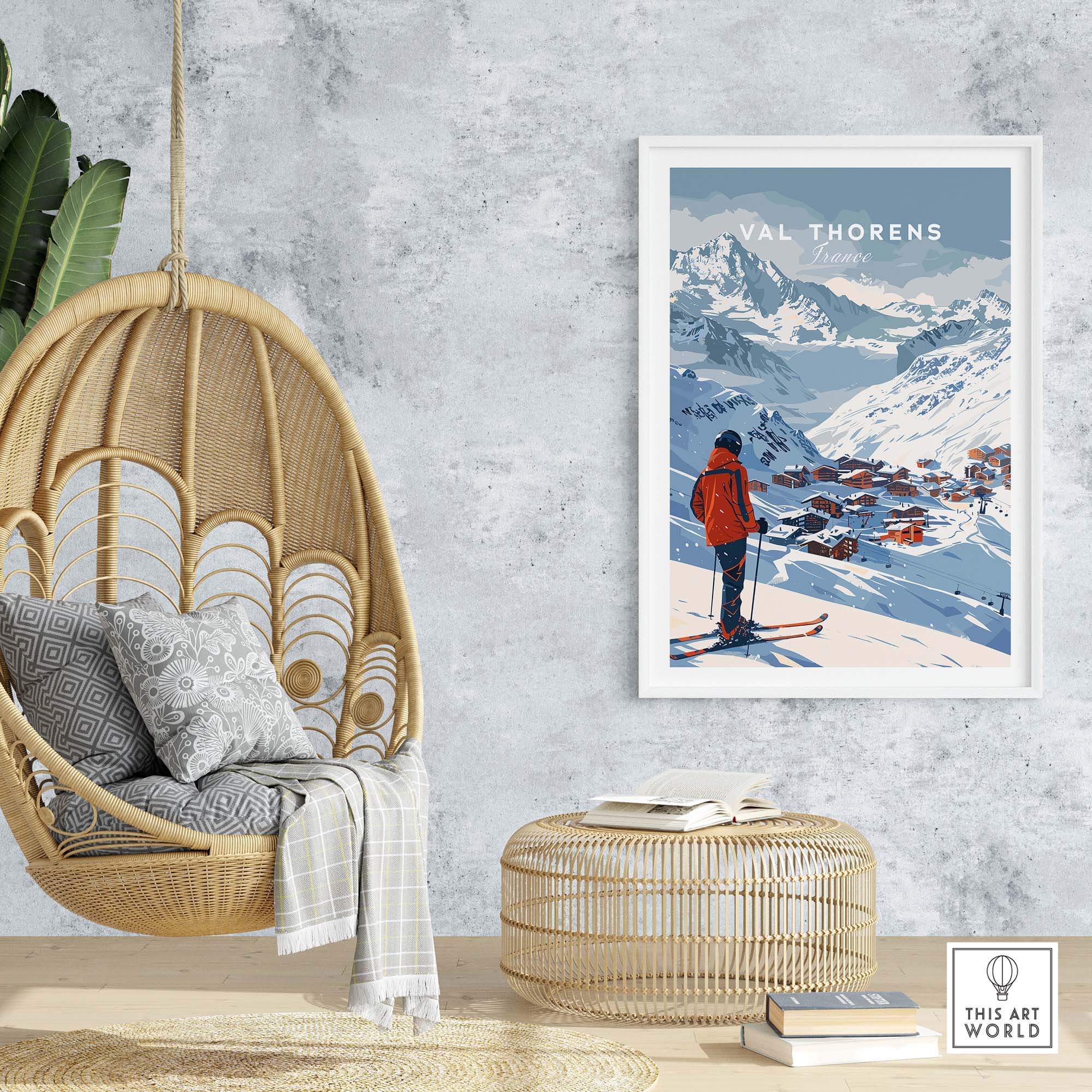 Val Thorens wall art print featuring skier with snowy mountains, perfect for ski enthusiasts and home decor inspiration.