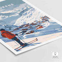 Val Thorens wall art print featuring a skier against a snowy mountain landscape in France, perfect for home decor.
