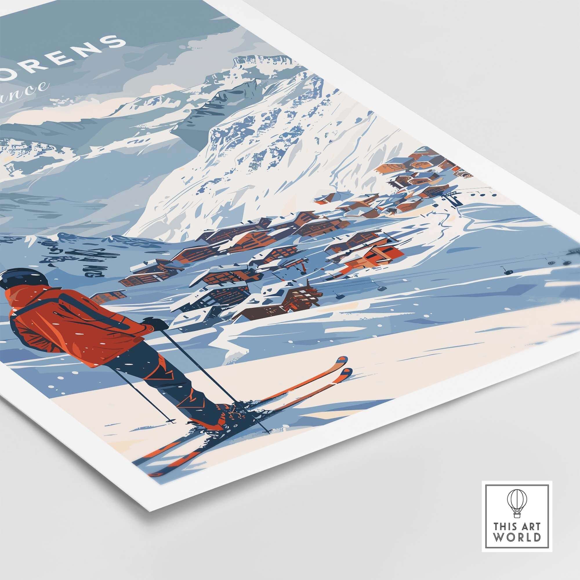 Val Thorens wall art print featuring a skier against a snowy mountain landscape in France, perfect for home decor.