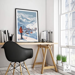 Val Thorens wall art print displayed in a stylish home office with a black chair and natural light. Perfect for ski lovers.