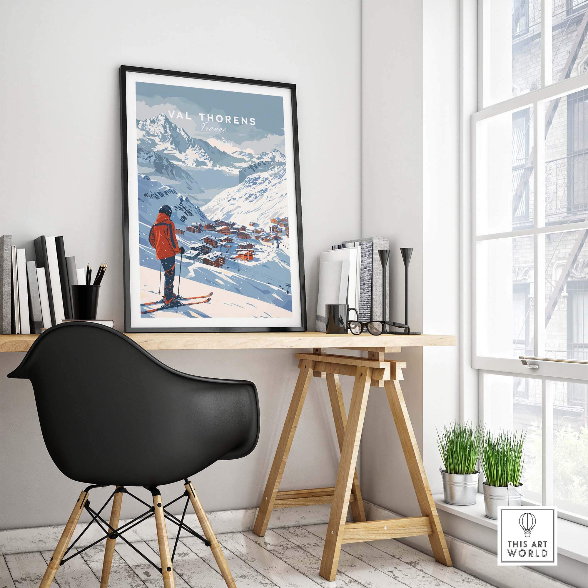 Val Thorens wall art print displayed in a stylish home office with a black chair and natural light. Perfect for ski lovers.