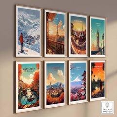 A collection of vibrant travel wall art prints featuring Val Thorens, Paris, Barcelona, London, and more in stylish frames.
