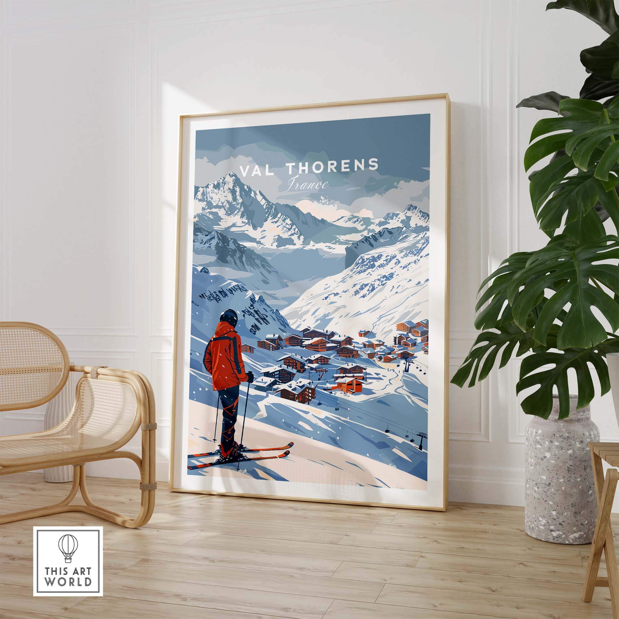 Val Thorens wall art print featuring a skier amidst stunning mountain scenery, perfect decor for ski enthusiasts.