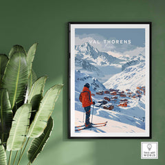 Val Thorens wall art print featuring a skier in snowy mountains, perfect for home decor and ski enthusiasts.