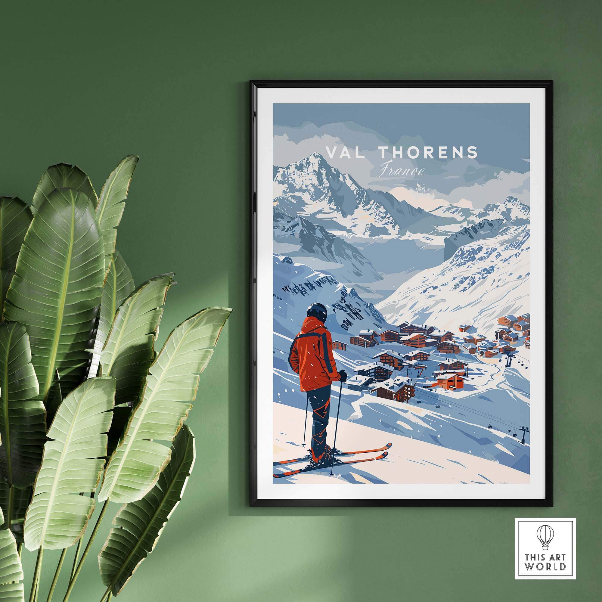 Val Thorens wall art print featuring a skier in snowy mountains, perfect for home decor and ski enthusiasts.