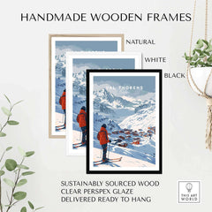 Handmade wooden frames for Val Thorens wall art print in natural, white, and black finishes, ready to hang.