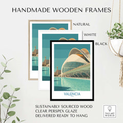 Valencia Travel Poster Spain displayed in handmade wooden frames, natural, white, and black options, ready to hang.