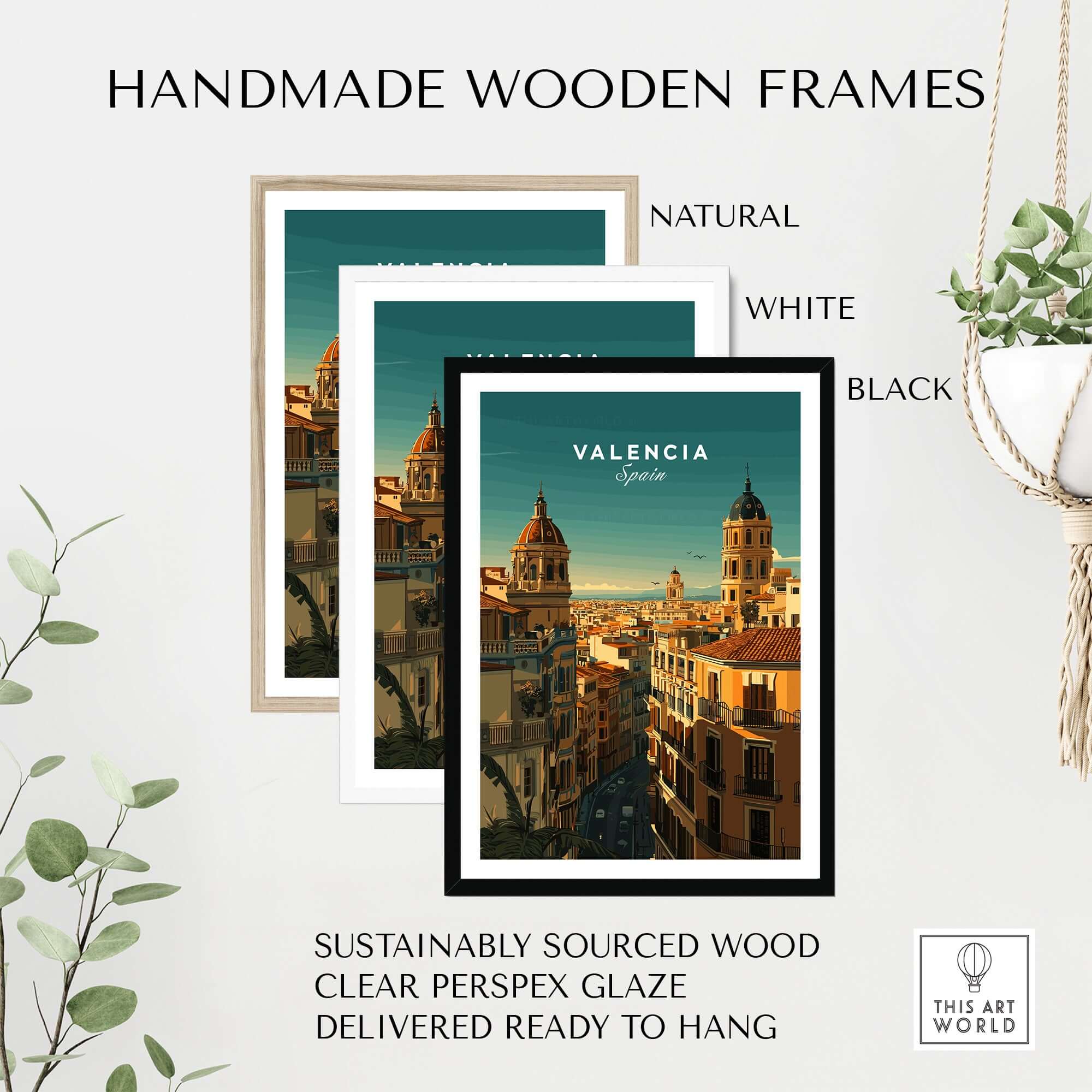 Valencia Old Quarter Wall Art Print - Spanish Urban Travel Decor displayed in handmade wooden frames in natural, white, and black.