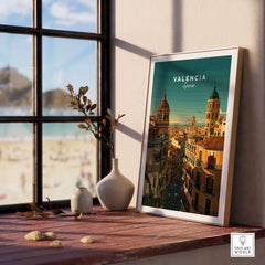 Valencia Old Quarter Wall Art Print - Spanish Urban Travel Decor displayed by a sunny window.