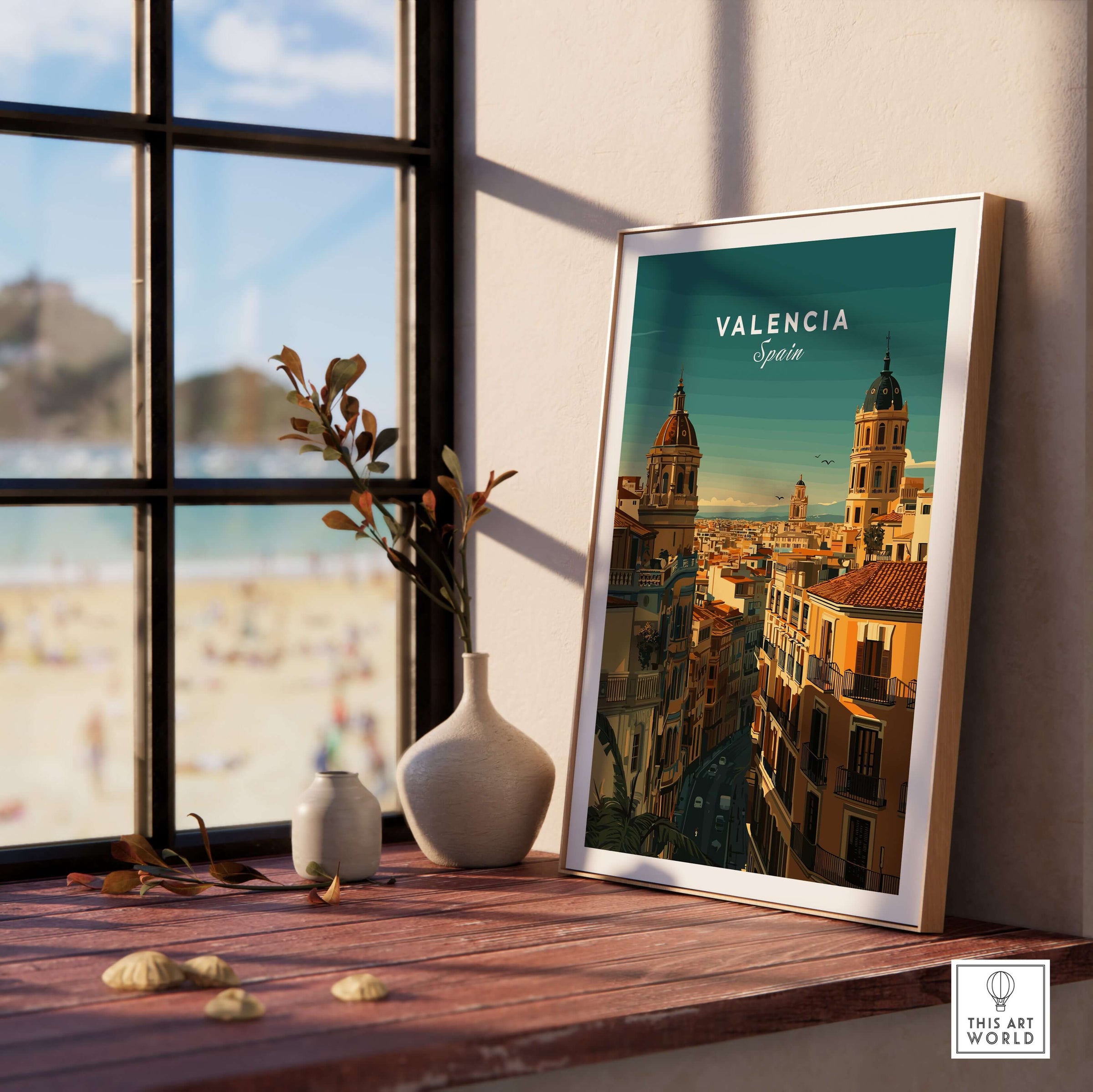 Valencia Old Quarter Wall Art Print - Spanish Urban Travel Decor displayed by a sunny window.