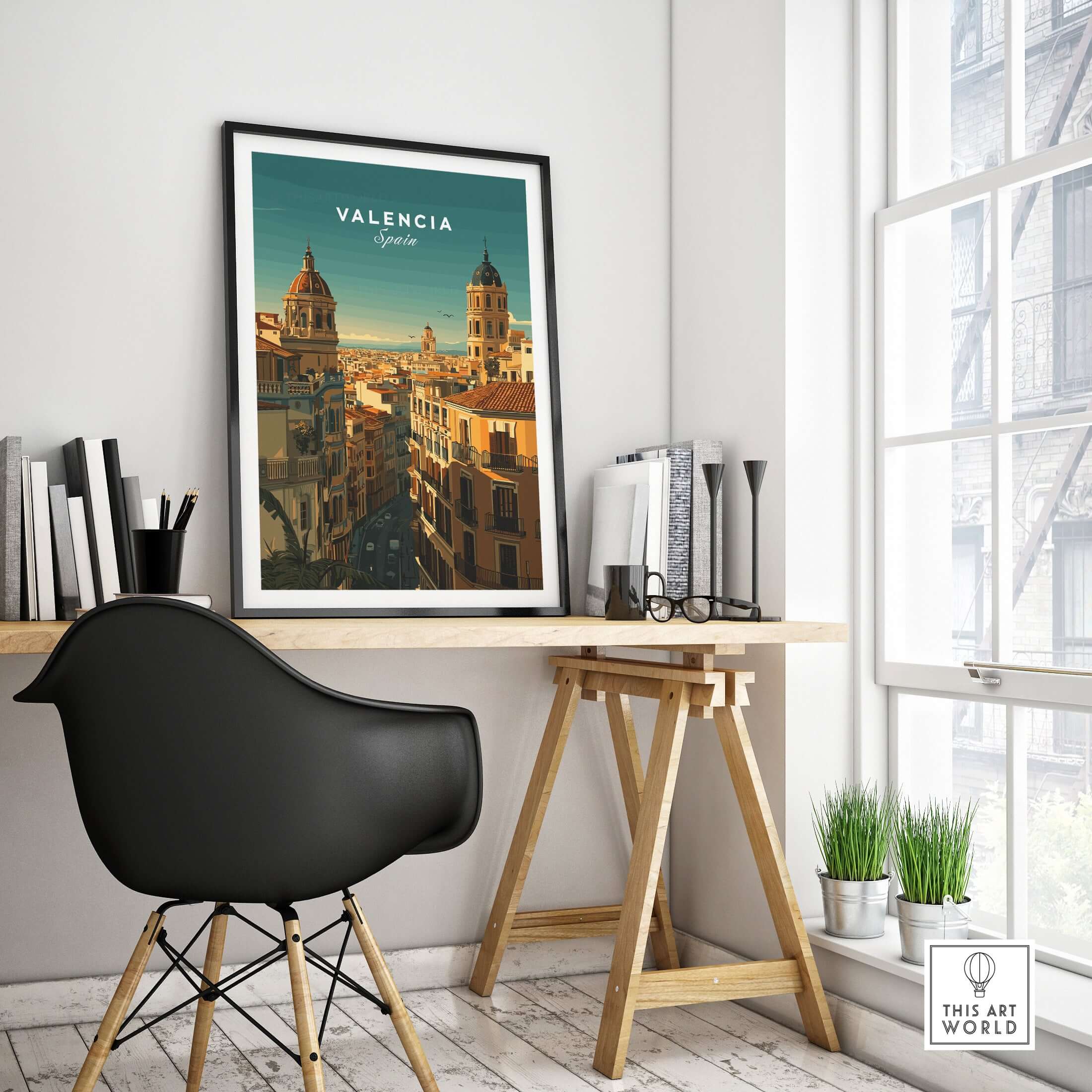 Valencia Old Quarter Wall Art Print - Spanish Urban Travel Decor displayed in a stylish office space.