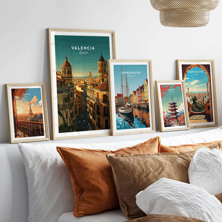 Valencia Old Quarter wall art print with travel-themed decor framed on a modern shelf.