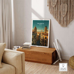 Valencia Old Quarter Wall Art Print - Spanish Urban Travel Decor displayed in a stylish room setting with wooden furniture.