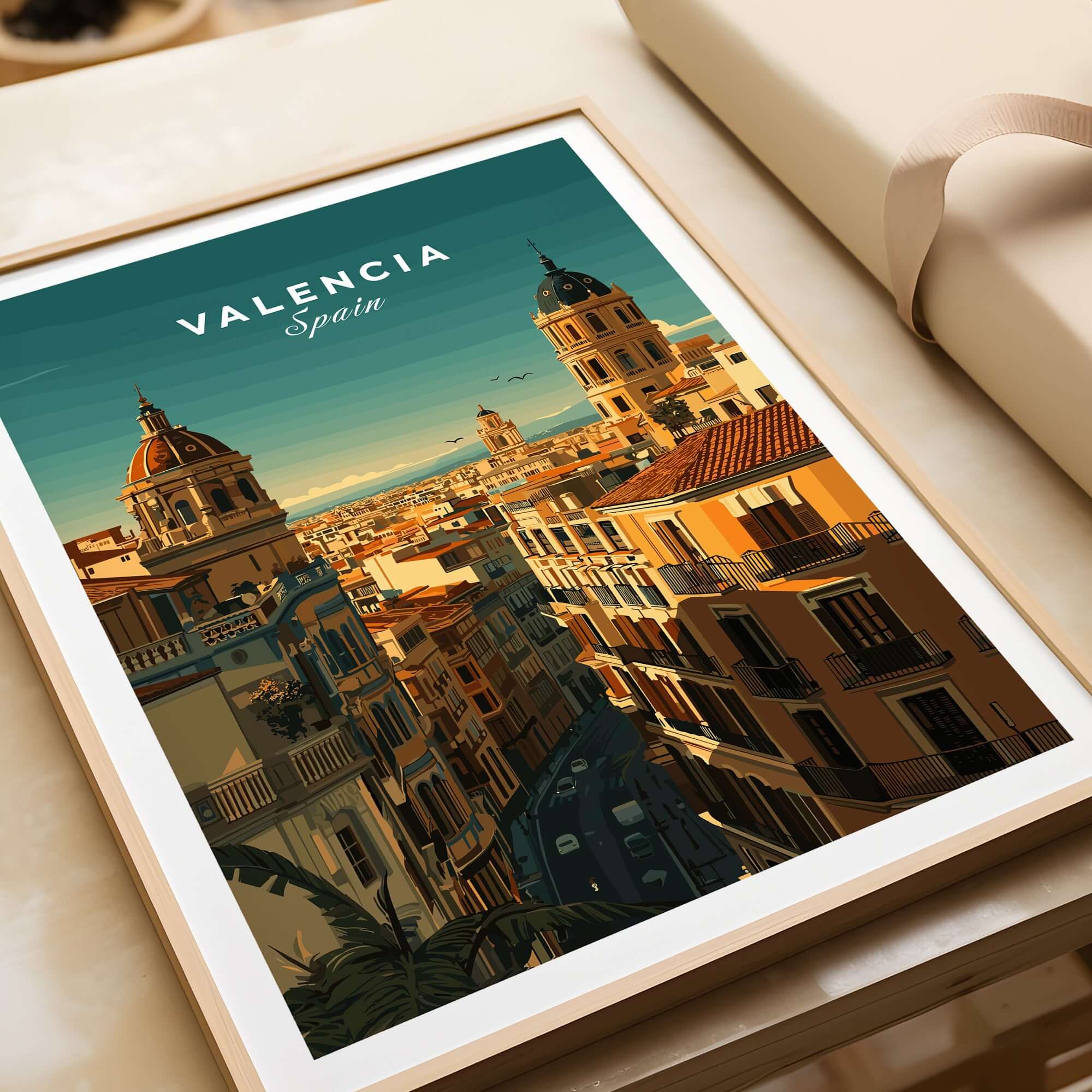 Valencia Old Quarter Wall Art Print - Spanish Urban Travel Decor in vibrant colors showcasing Valencia's architecture.