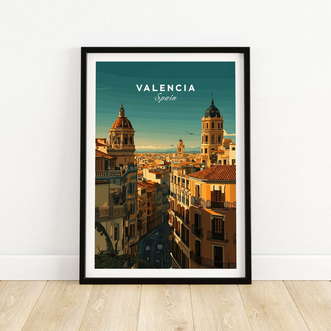 Valencia Old Quarter wall art print featuring Spanish architecture and vibrant cityscape decor.