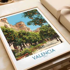 Valencia Old Town Wall Art - Spanish Urban Travel Decor showcasing vibrant orange trees with iconic architecture.