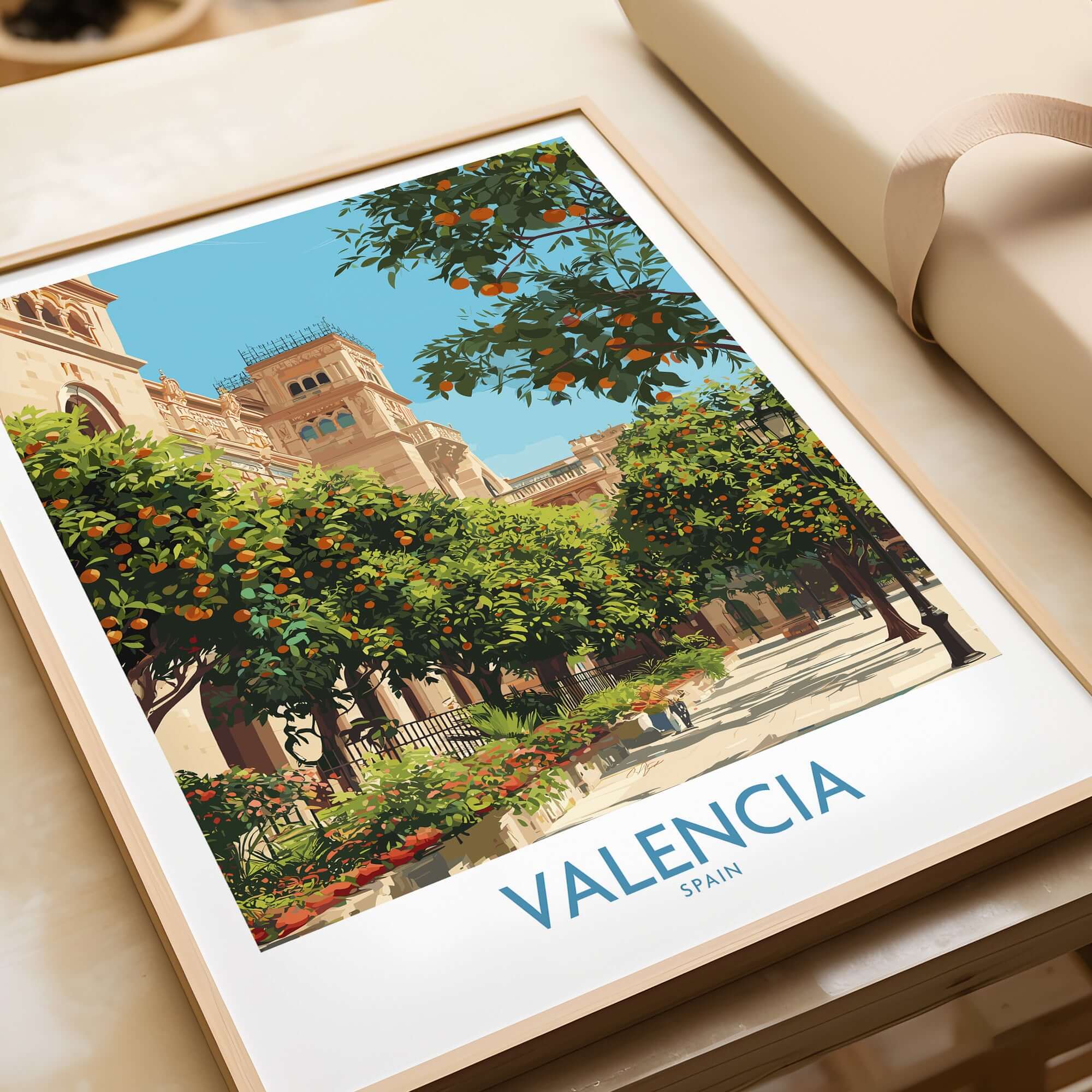 Valencia Old Town Wall Art - Spanish Urban Travel Decor showcasing vibrant orange trees with iconic architecture.