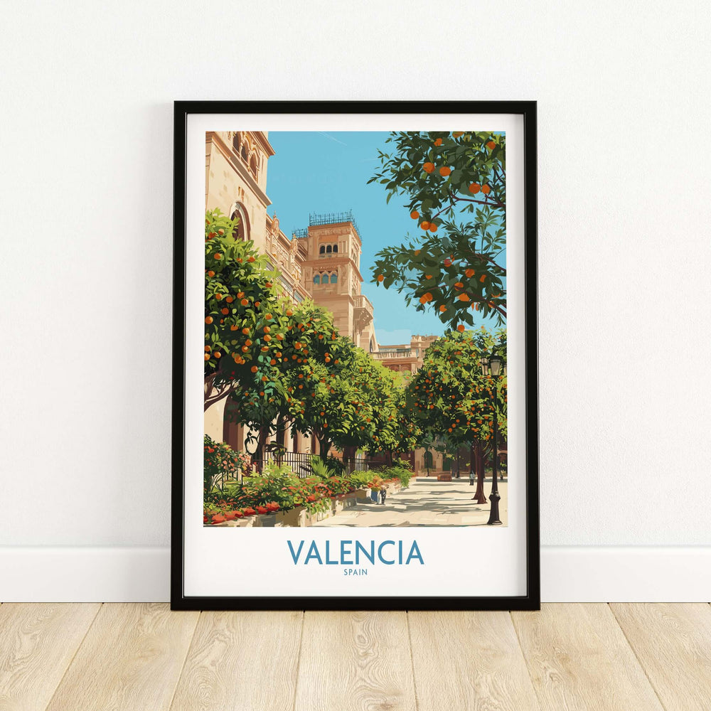 Valencia Old Town wall art featuring vibrant orange trees, Spain's iconic architecture and charming streets.