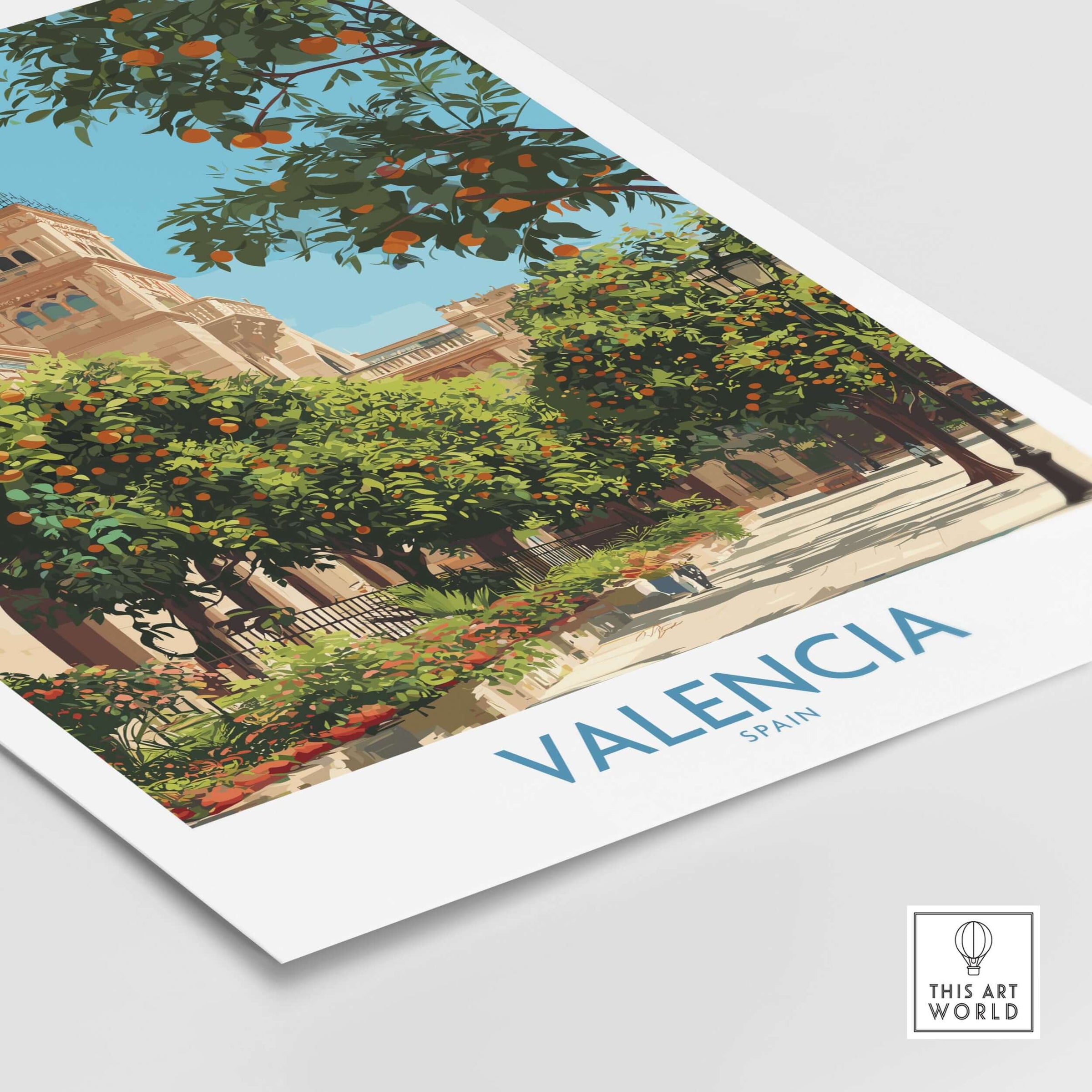 Valencia Old Town Wall Art - Spanish Urban Travel Decor featuring vibrant orange trees in a charming Spanish setting.