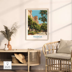 Valencia Old Town Wall Art - Spanish Urban Travel Decor displayed in a modern living room setting.