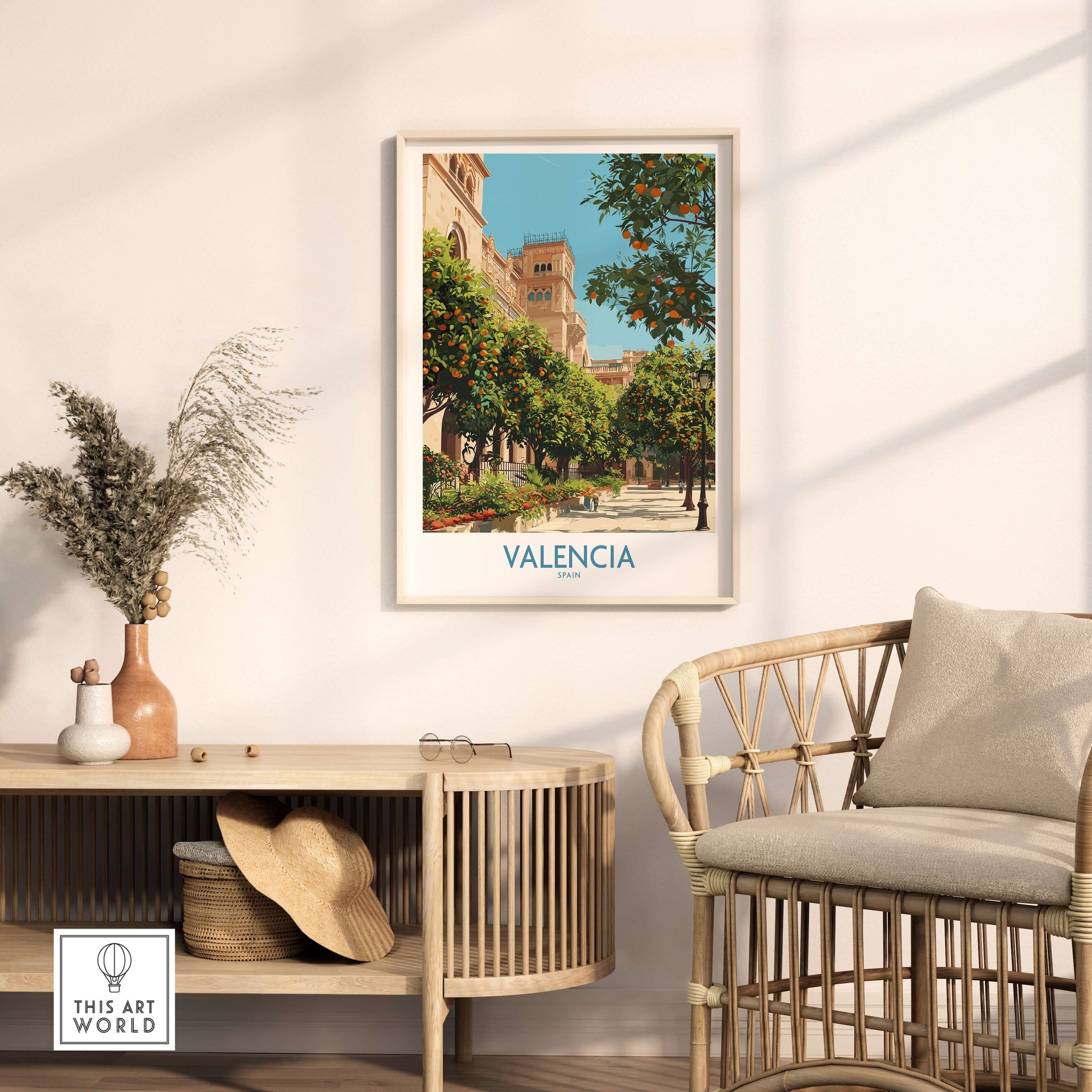 Valencia Old Town Wall Art - Spanish Urban Travel Decor displayed in a modern living room setting.