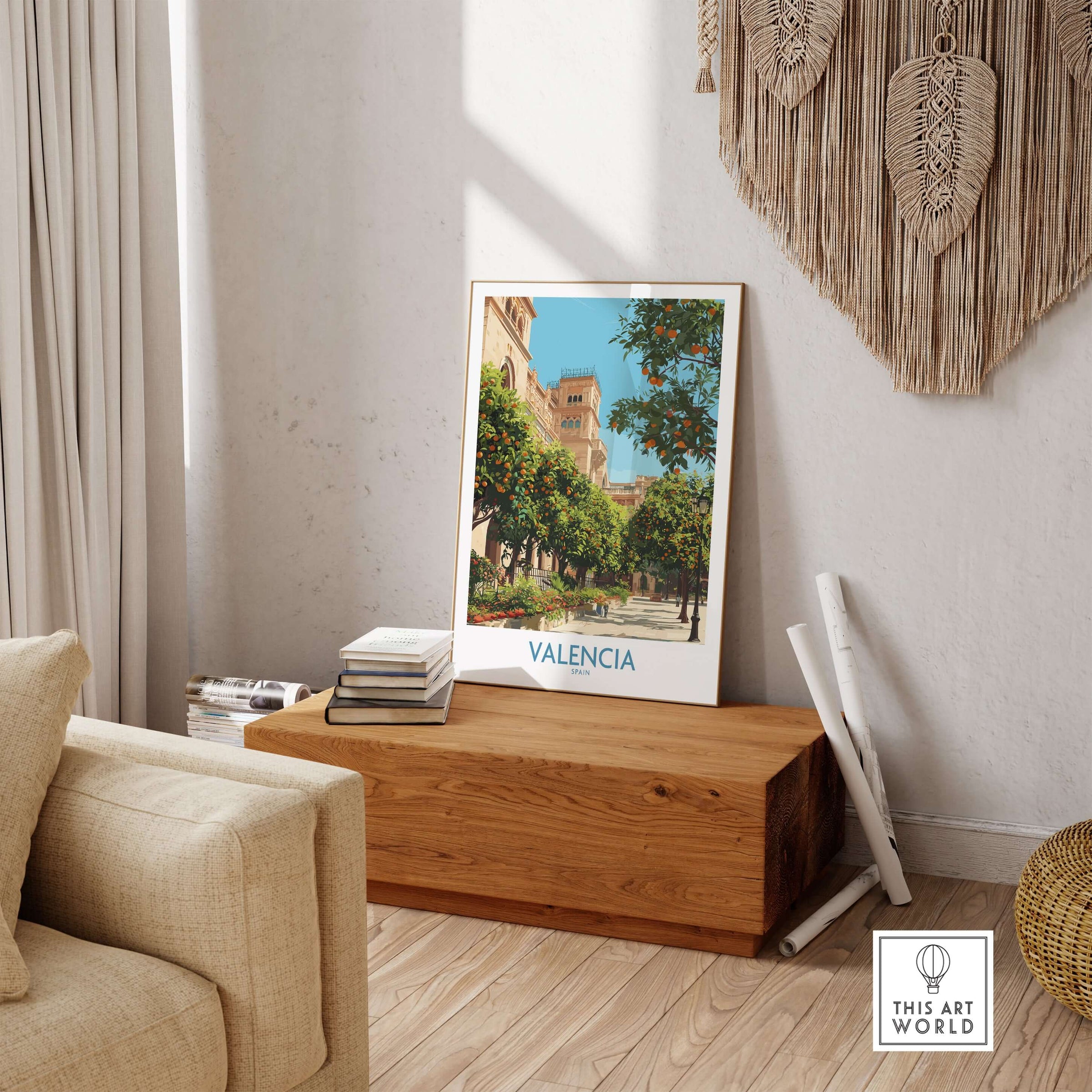 Valencia Old Town Wall Art - Spanish Urban Travel Decor displayed in a stylish interior setting.