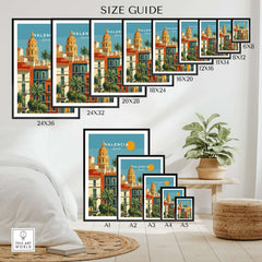 Valencia Poster Spain - Sunny Street Scene - Mediterranean City Wall Art size guide with various frame options.
