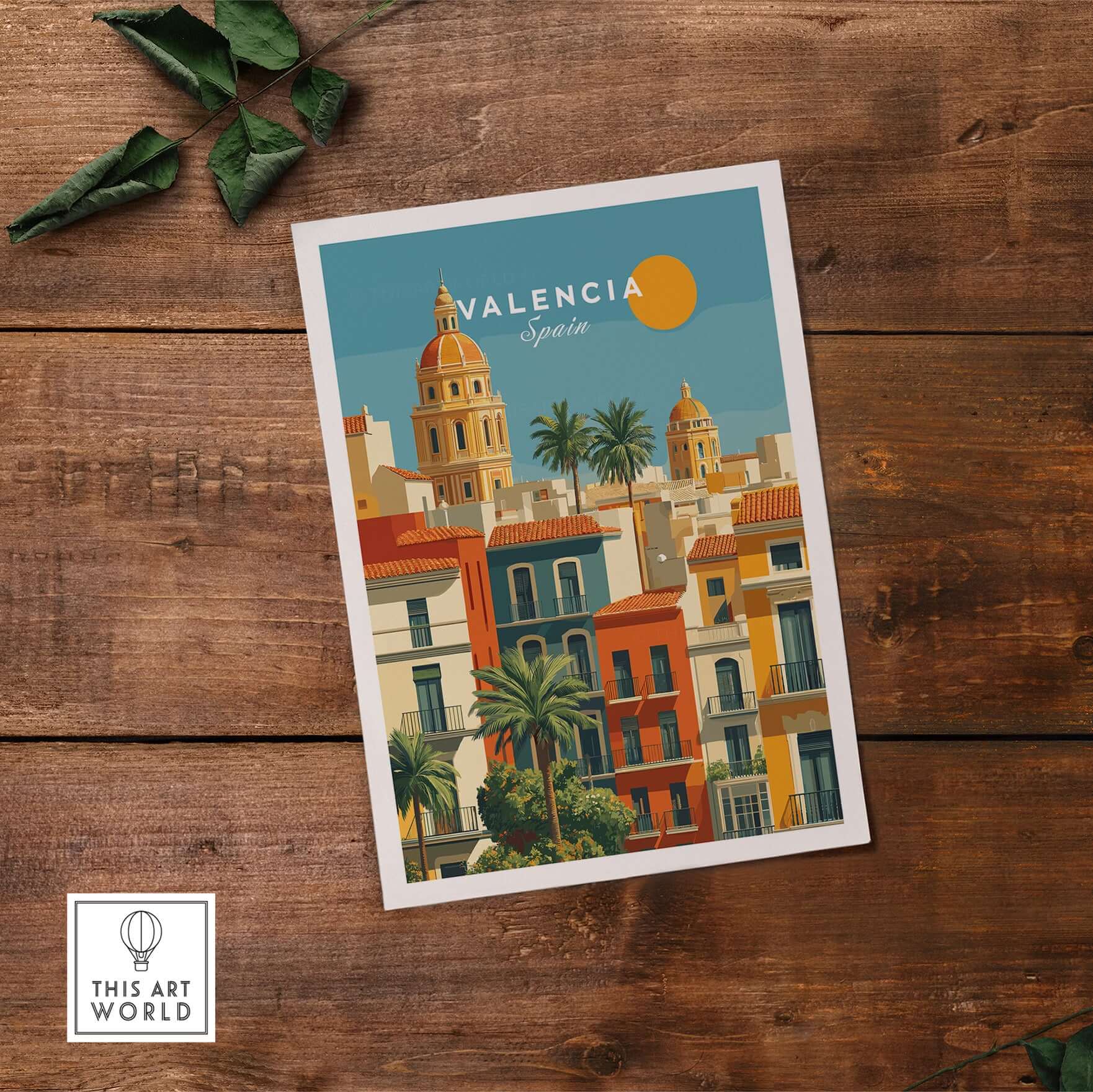Valencia Poster Spain - Sunny Street Scene - Mediterranean City Wall Art showcasing vibrant architecture and palm trees
