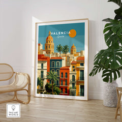 Valencia Poster Spain - Sunny Street Scene - Mediterranean City Wall Art showcasing vibrant architecture and palm trees.