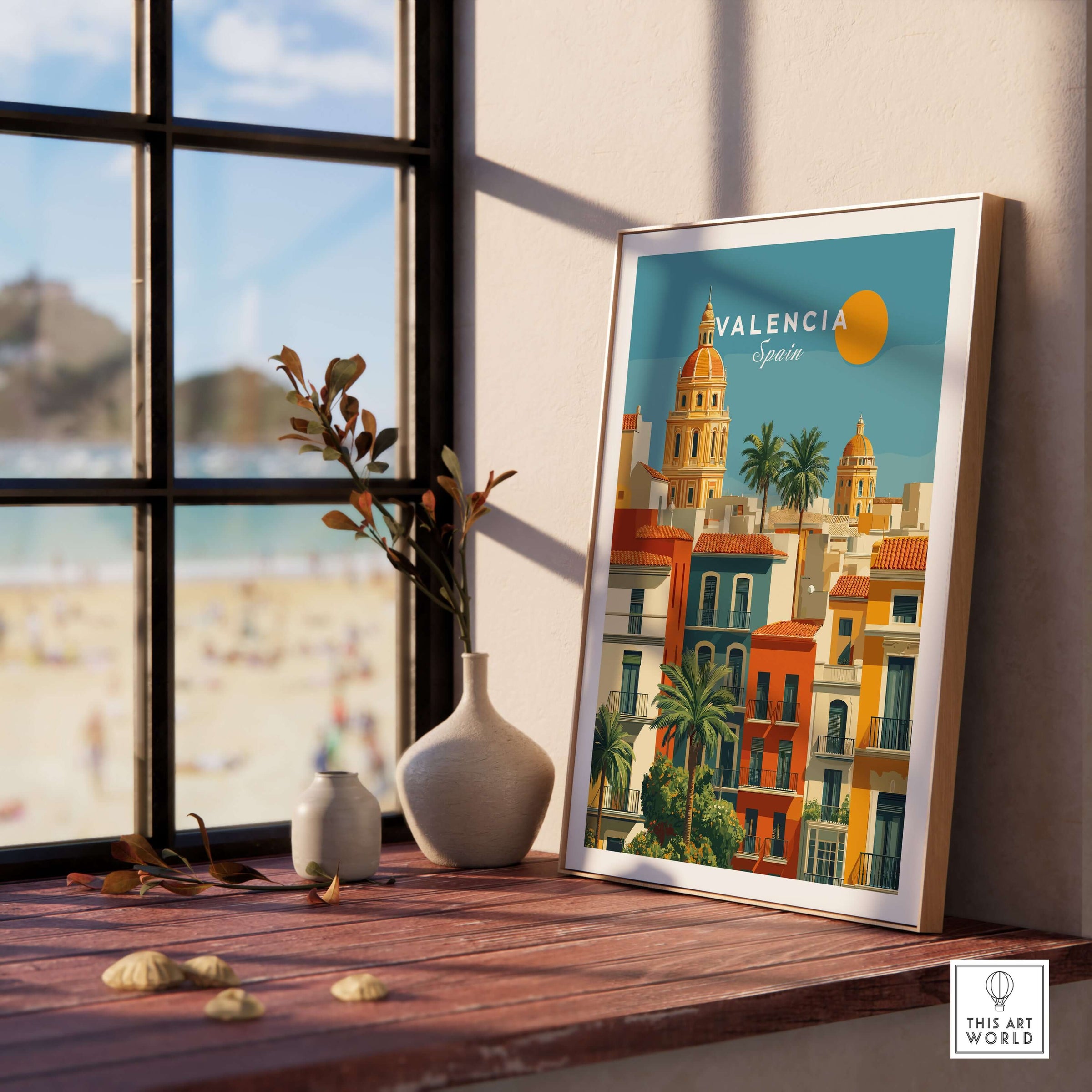 Valencia Poster Spain - Sunny Street Scene - Mediterranean City Wall Art displayed in a cozy indoor setting by a window.