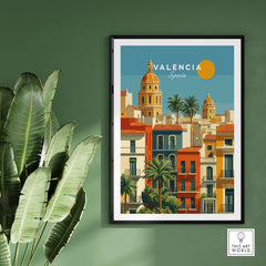 Valencia Poster Spain - Sunny Street Scene - Mediterranean City Wall Art showcasing colorful buildings and palm trees.