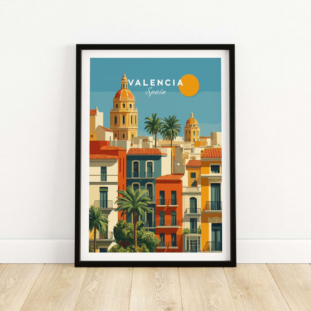 Valencia poster featuring vibrant Mediterranean street scene and iconic architecture, perfect for home decor.