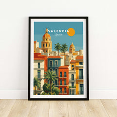 Valencia Poster Spain - Sunny Street Scene - Mediterranean City Wall Art featuring vibrant colors and architecture.