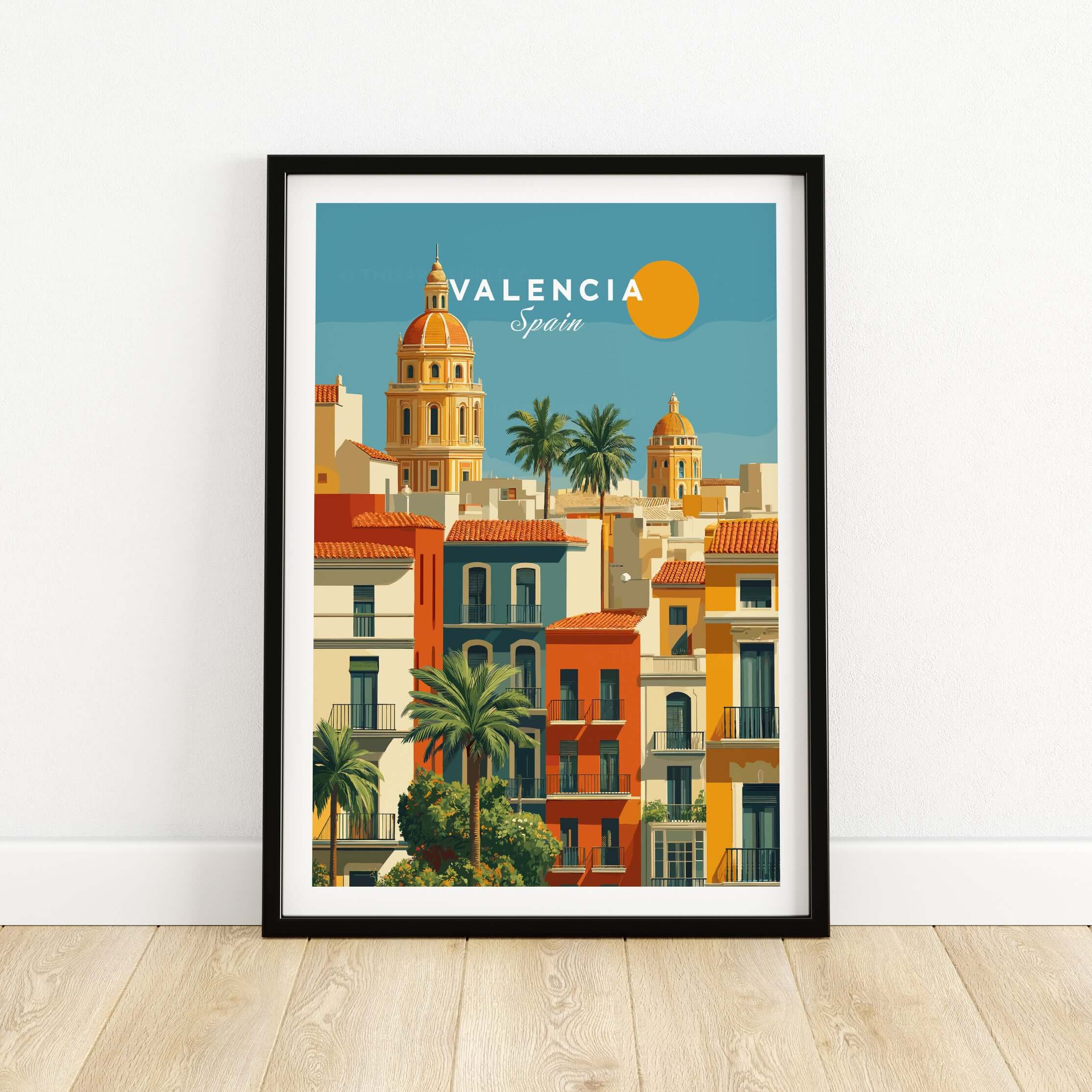 Valencia Poster Spain - Sunny Street Scene - Mediterranean City Wall Art featuring vibrant colors and architecture.