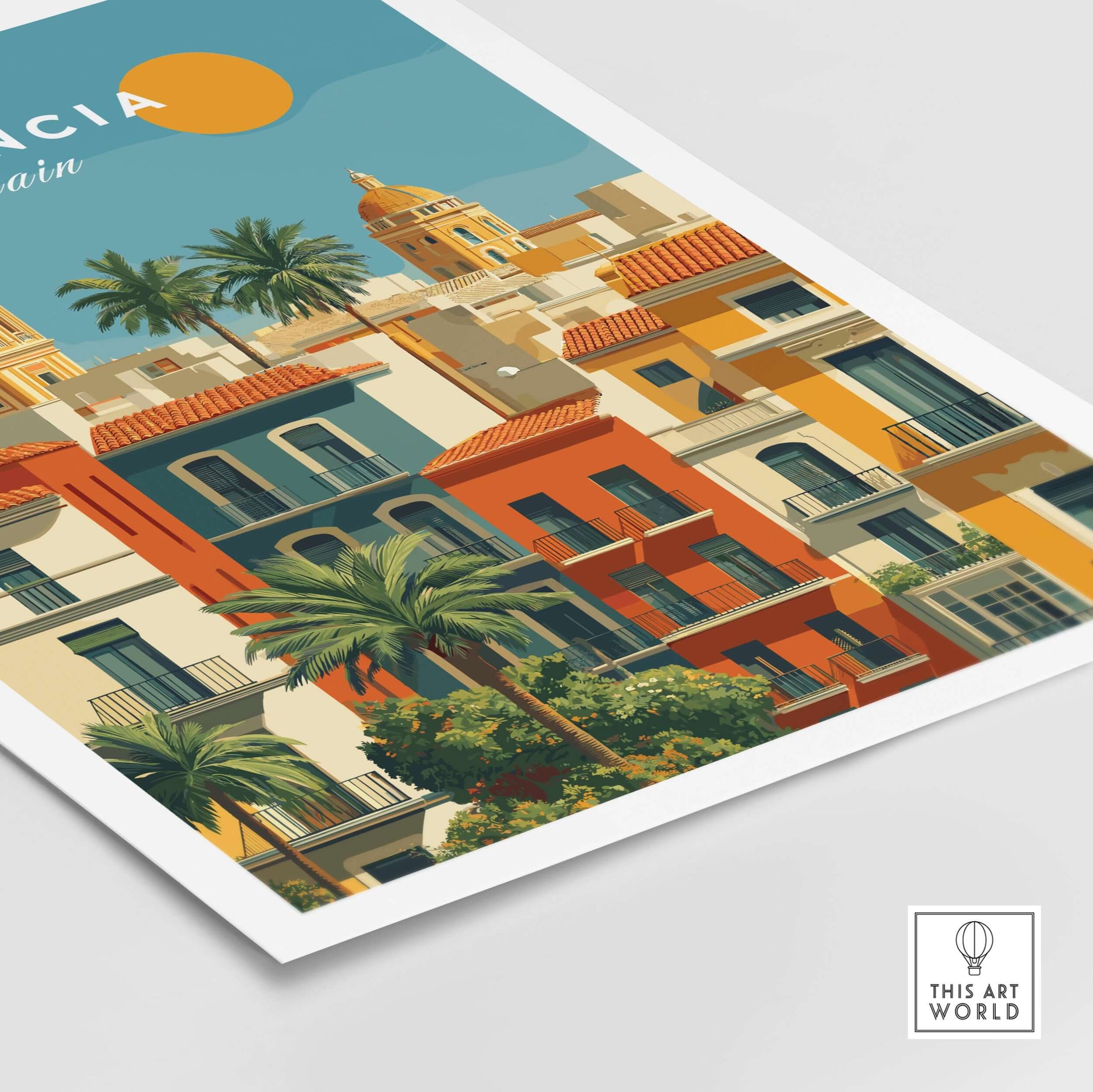 Valencia Poster Spain - Sunny Street Scene - Mediterranean City Wall Art featuring colorful buildings and palm trees.