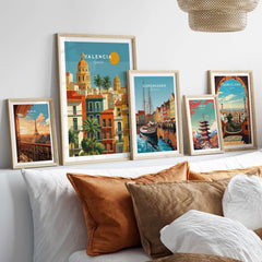 Valencia Poster Spain - Sunny Street Scene - Mediterranean City Wall Art displayed among other city posters on a stylish wall.