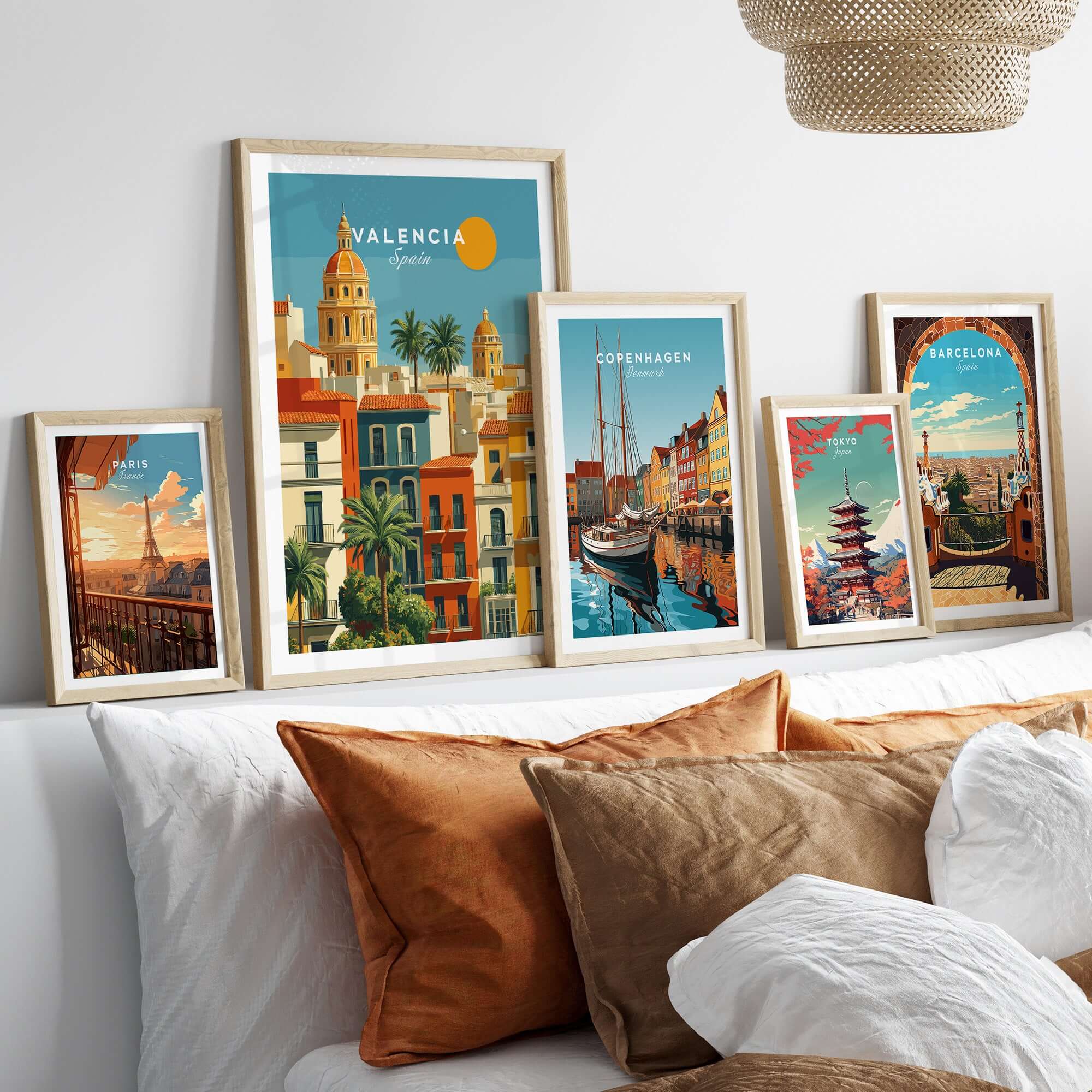 Valencia Poster Spain - Sunny Street Scene - Mediterranean City Wall Art displayed among other city posters on a stylish wall.
