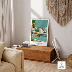 Valencia Spain City of Arts and Sciences Poster - Modern Architecture Wall Art displayed in a stylish interior.