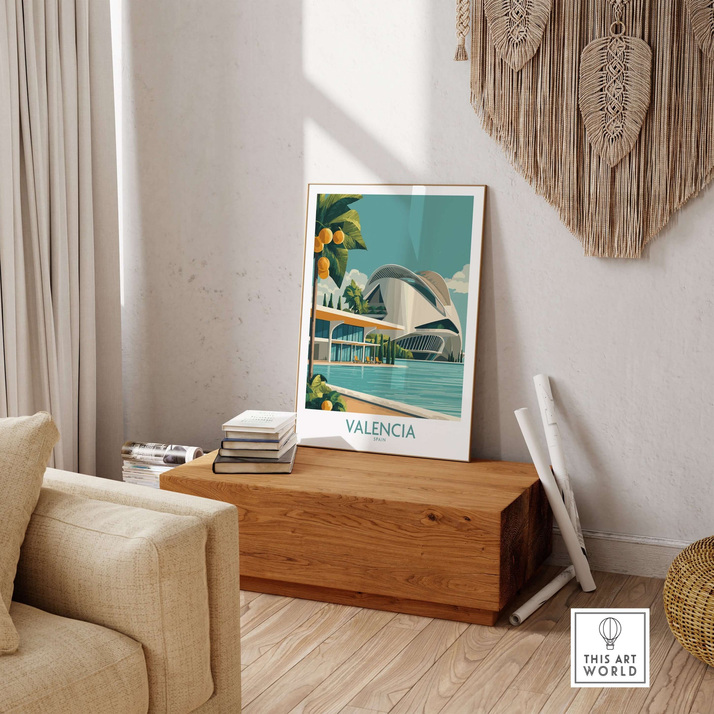 Valencia Spain City of Arts and Sciences Poster - Modern Architecture Wall Art displayed in a stylish interior.