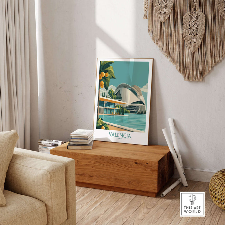 Valencia Spain City of Arts and Sciences poster showcasing modern architecture in a stylish living room setting.