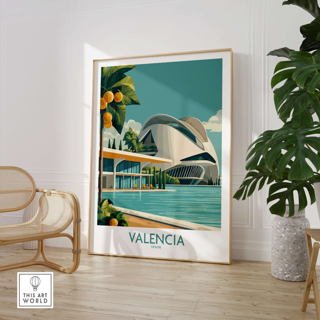 Valencia Spain City of Arts and Sciences poster featuring modern architecture and vibrant colors in a stylish interior setting.