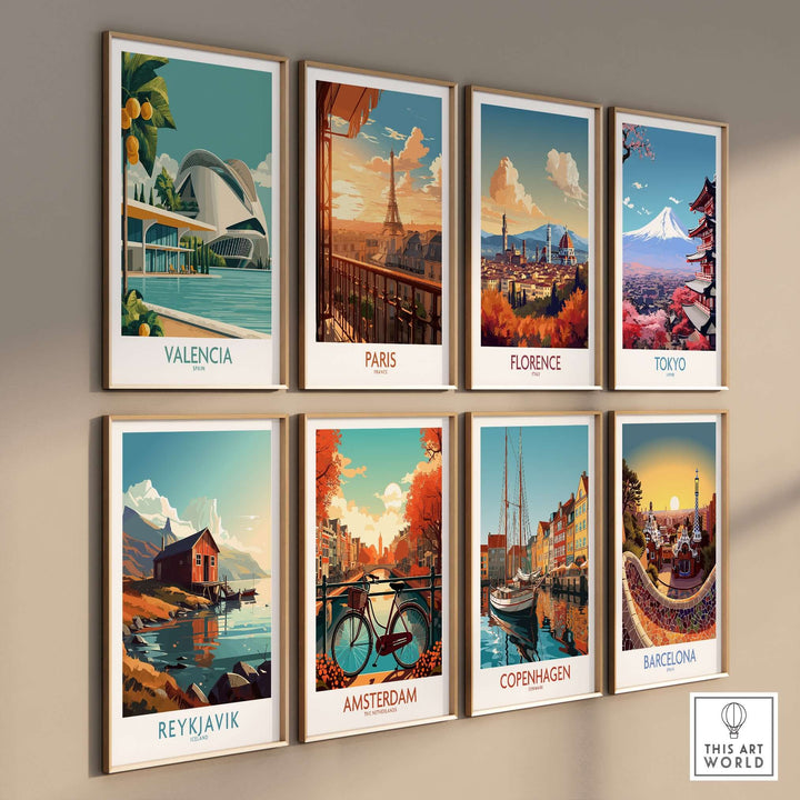 Gallery of city posters featuring modern architecture and landscapes: Valencia, Paris, Florence, Tokyo, Reykjavik, Amsterdam, Copenhagen, Barcelona.