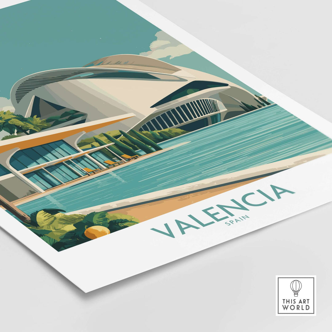 Valencia Spain City of Arts and Sciences poster featuring modern architecture and vibrant colors.