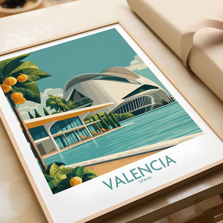 Valencia Spain City of Arts and Sciences poster featuring modern architecture and vibrant colors.