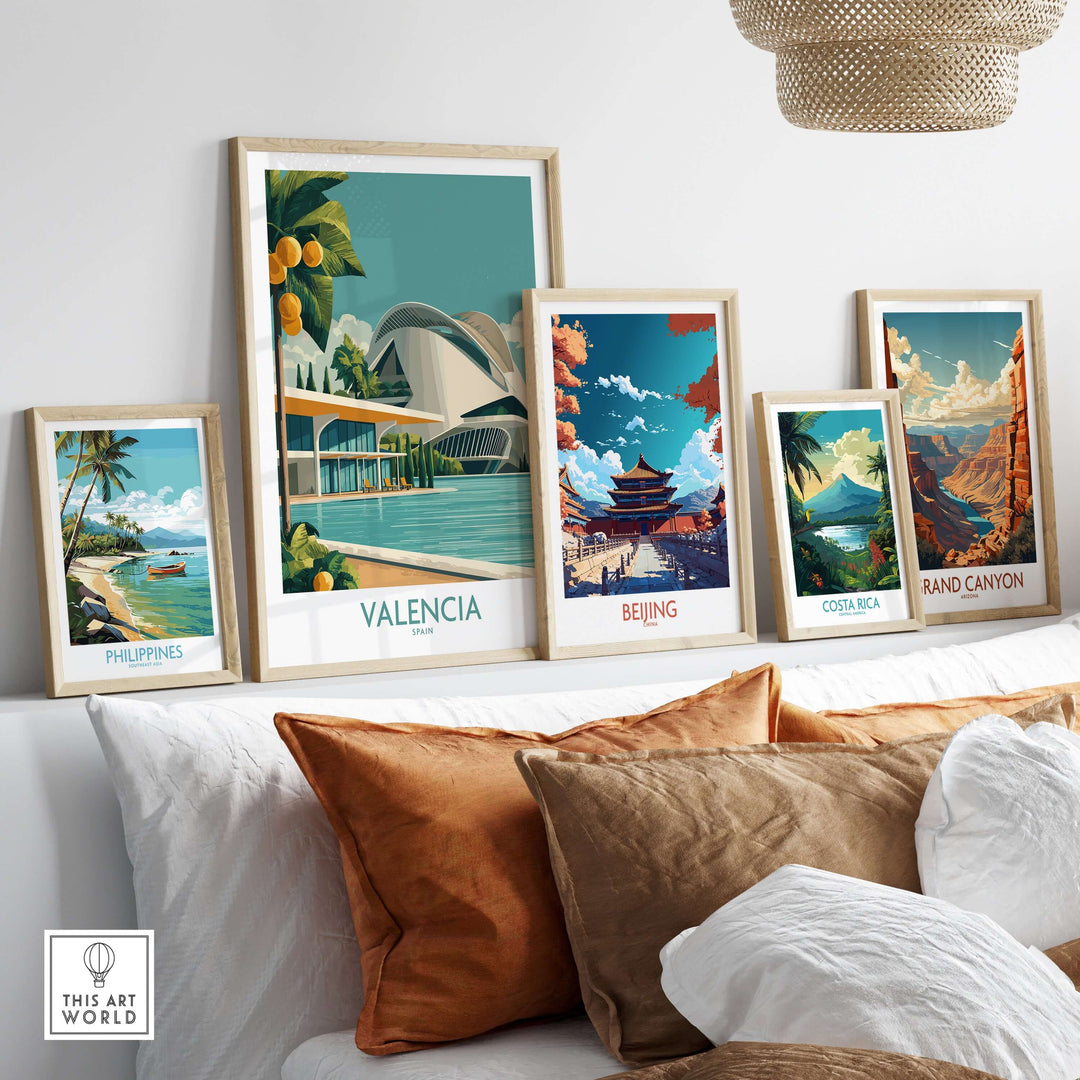 Gallery of travel posters featuring Valencia, Beijing, Philippines, Costa Rica, and Grand Canyon displayed on a stylish wall.