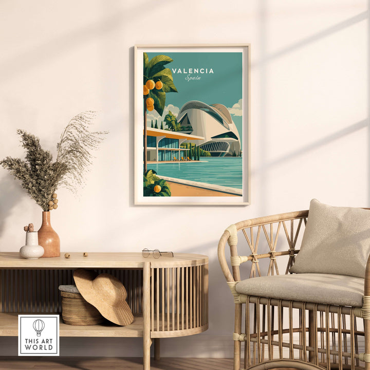 Valencia, Spain print of City of Arts and Sciences poster displayed in a stylish living room setting.