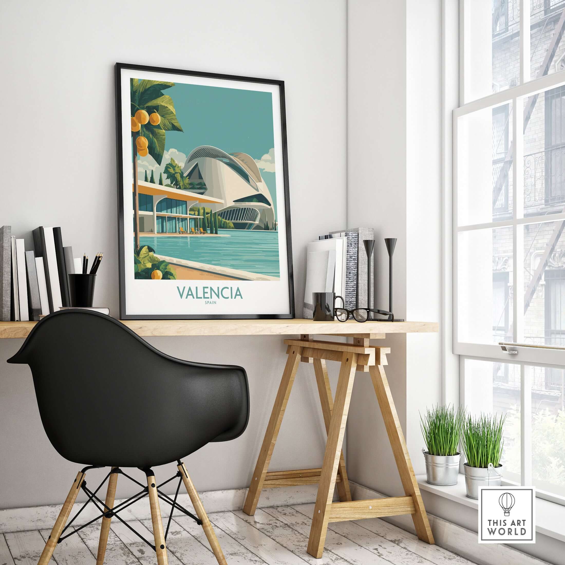 Valencia Spain City of Arts and Sciences Poster - Modern Architecture Wall Art displayed in a modern workspace.