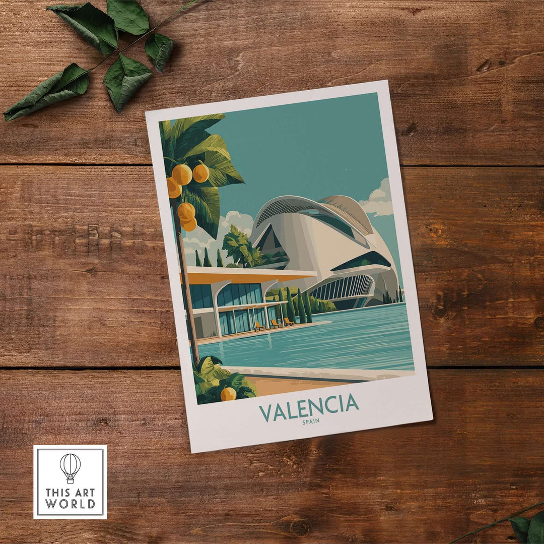 Valencia Spain City of Arts and Sciences poster showcasing modern architecture and vibrant colors on a wooden background.