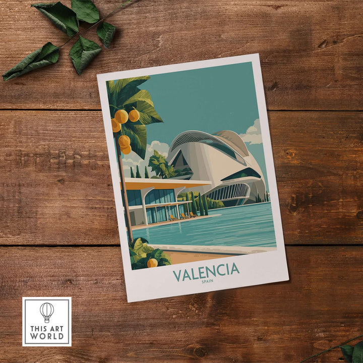Valencia Spain City of Arts and Sciences poster showcasing modern architecture and vibrant colors on a wooden background.